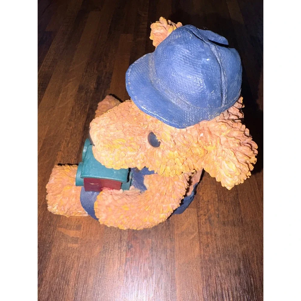 Vintage Resin Teddy Bear Coin Bank Engineer Hat Overalls with Toy Train Figurine